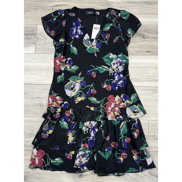 RALPH LAUREN V-neck Ruffled Hem Floral Georgette Drop Waist Layered Dres Sz‎ 4 - Picture 5 of 9